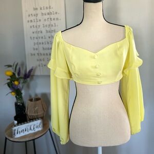 Blitz Closet Yellow Cropped Blouse Sweetheart Neck Balloon Long Sleeve Button S